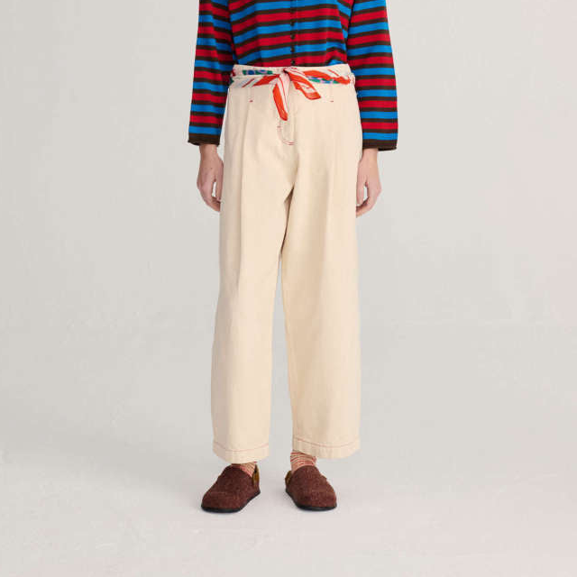 Ecru Twill Pleated Barrel Pants - Off White