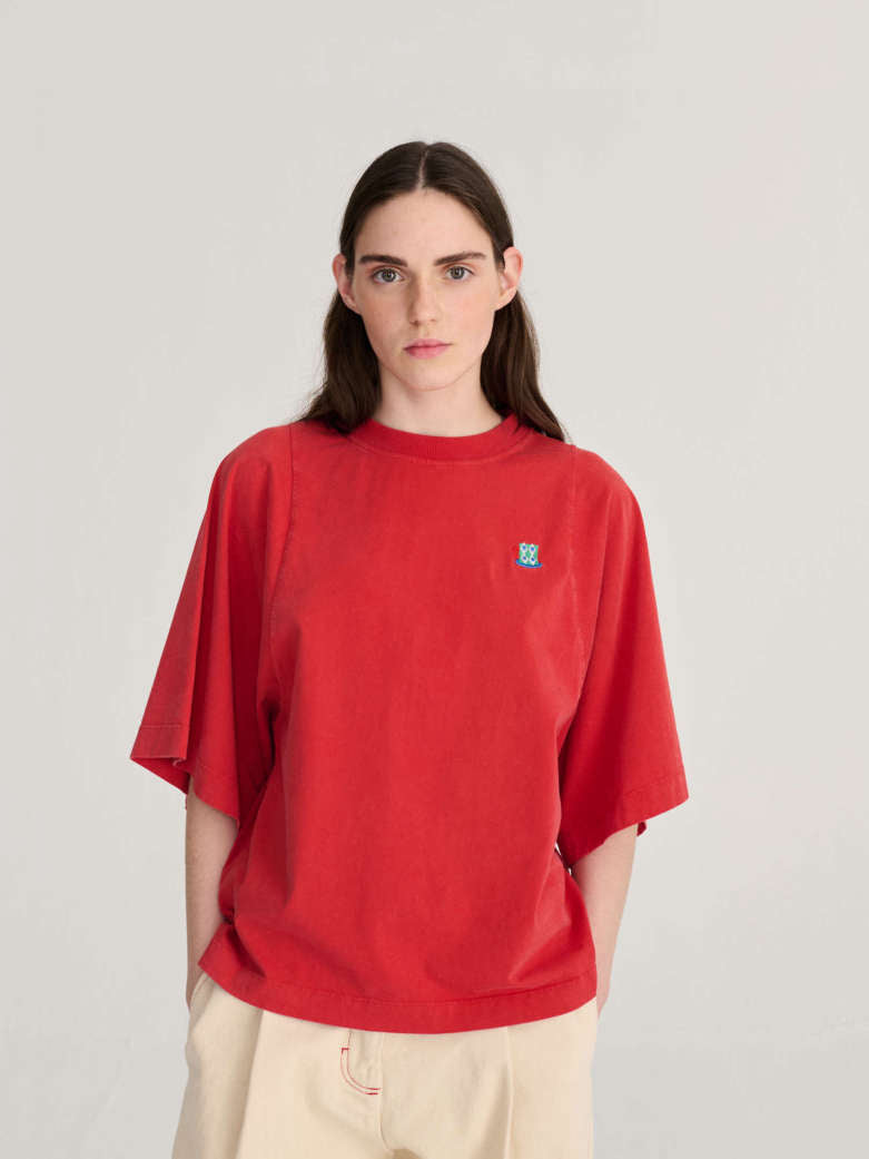 Bobo Monster Mug Embroidery Relaxed T-Shirt - Red