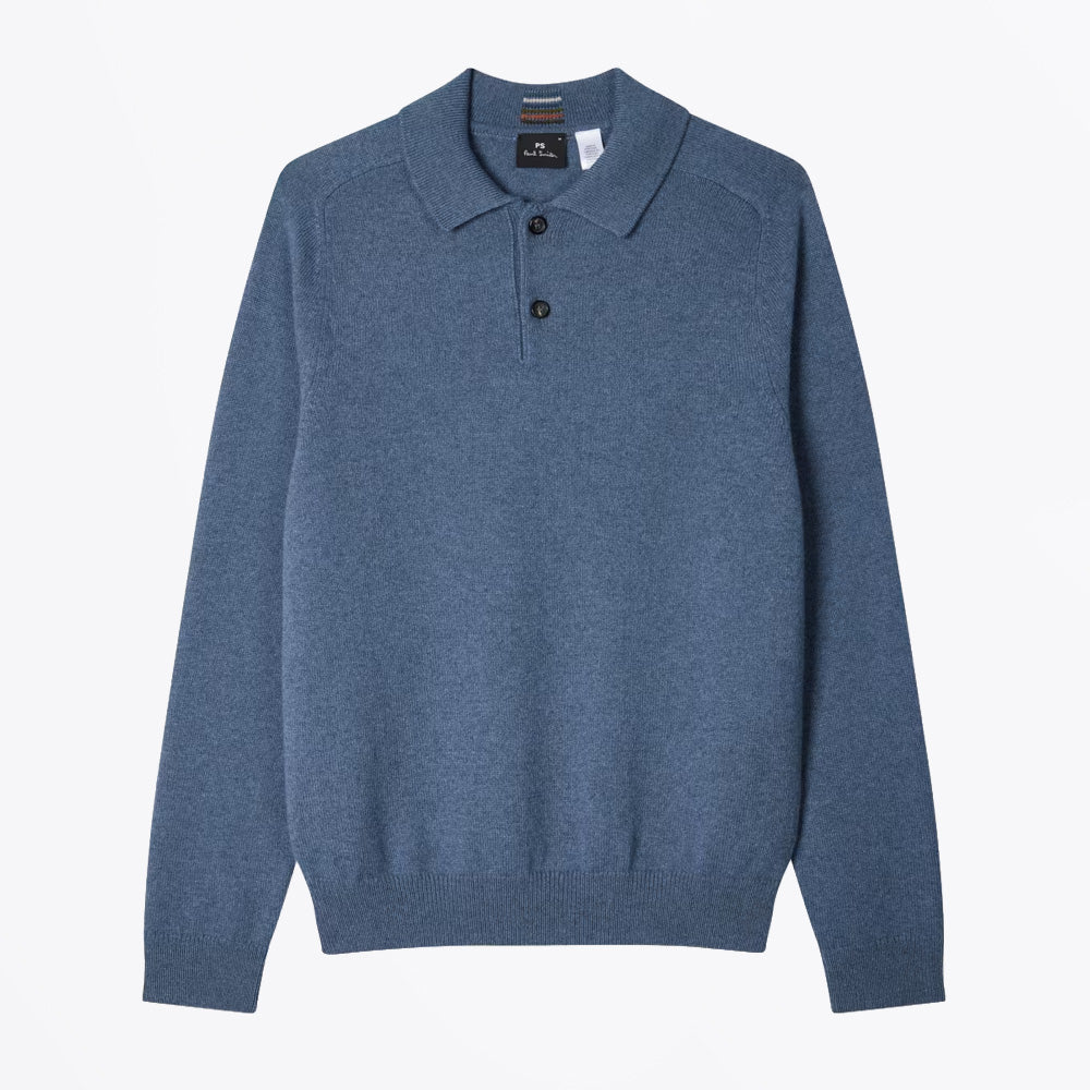 Paul Merino Wool Long-Sleeve Polo Shirt - Mid Blue