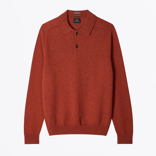 Merino Wool Long-Sleeve Polo Shirt - Red Rust