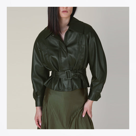 Ayla Belted Faux Leather Jacket - Dark Green