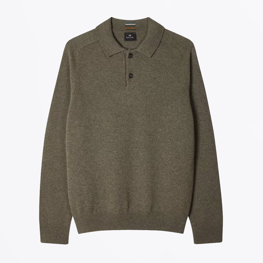 Paul Merino Wool Long-Sleeve Polo Shirt - Khaki Green