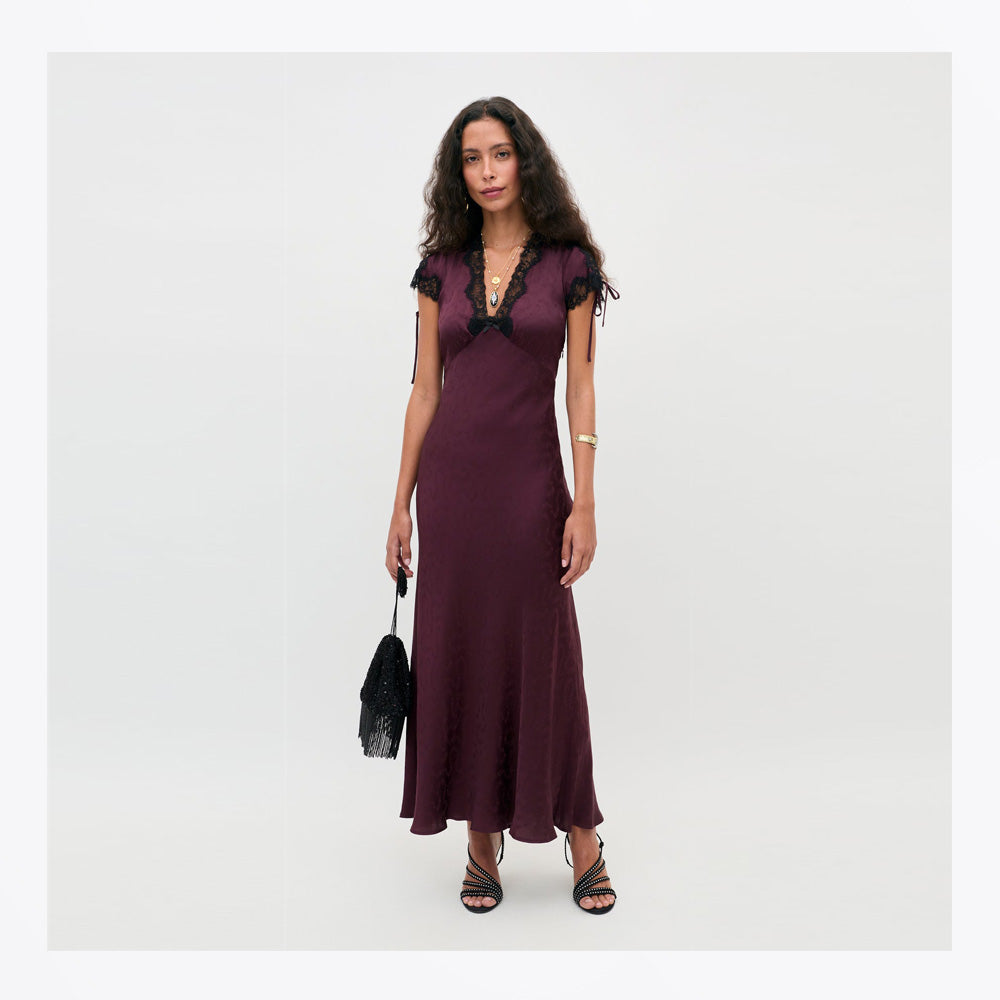 Rixo Fern Floral Trail Jacquard Dress - Wine