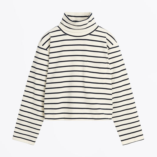 Nessa T-Neck Blouse - Ecru / Navy Stripe