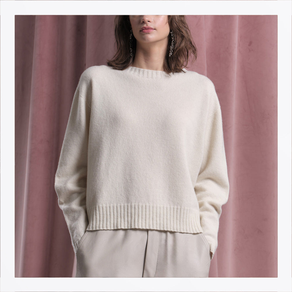 Floor Ribbed Neck Knitted Sweater - Butter