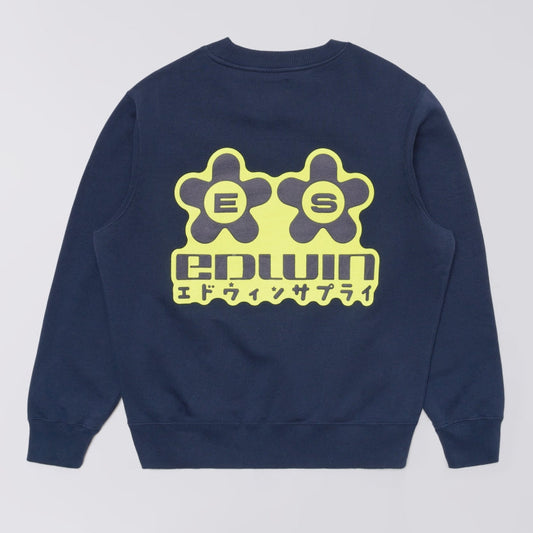 A navy blue crewneck sweatshirt shown from the back, featuring a large yellow and black graphic print with the brand name 'EDWIN' and Japanese text.