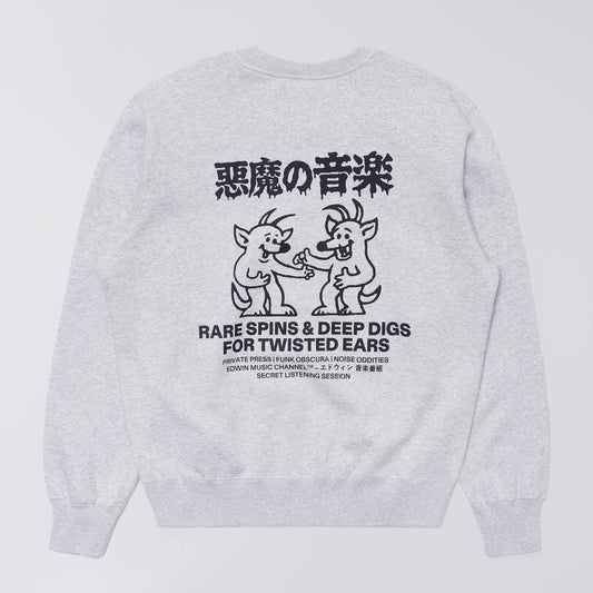 A light gray crewneck sweatshirt shown from the back, featuring a black graphic print of two cartoon pigs and Japanese text above, with the text 'RARE SPINS & DEEP DIGS FOR TWISTED EARS' printed below.