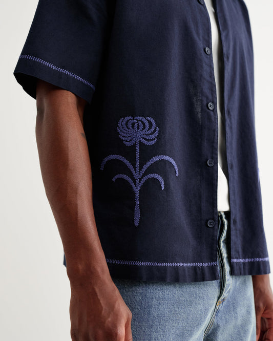Keats Embroidered Short-Sleeve Shirt - Navy / Blue