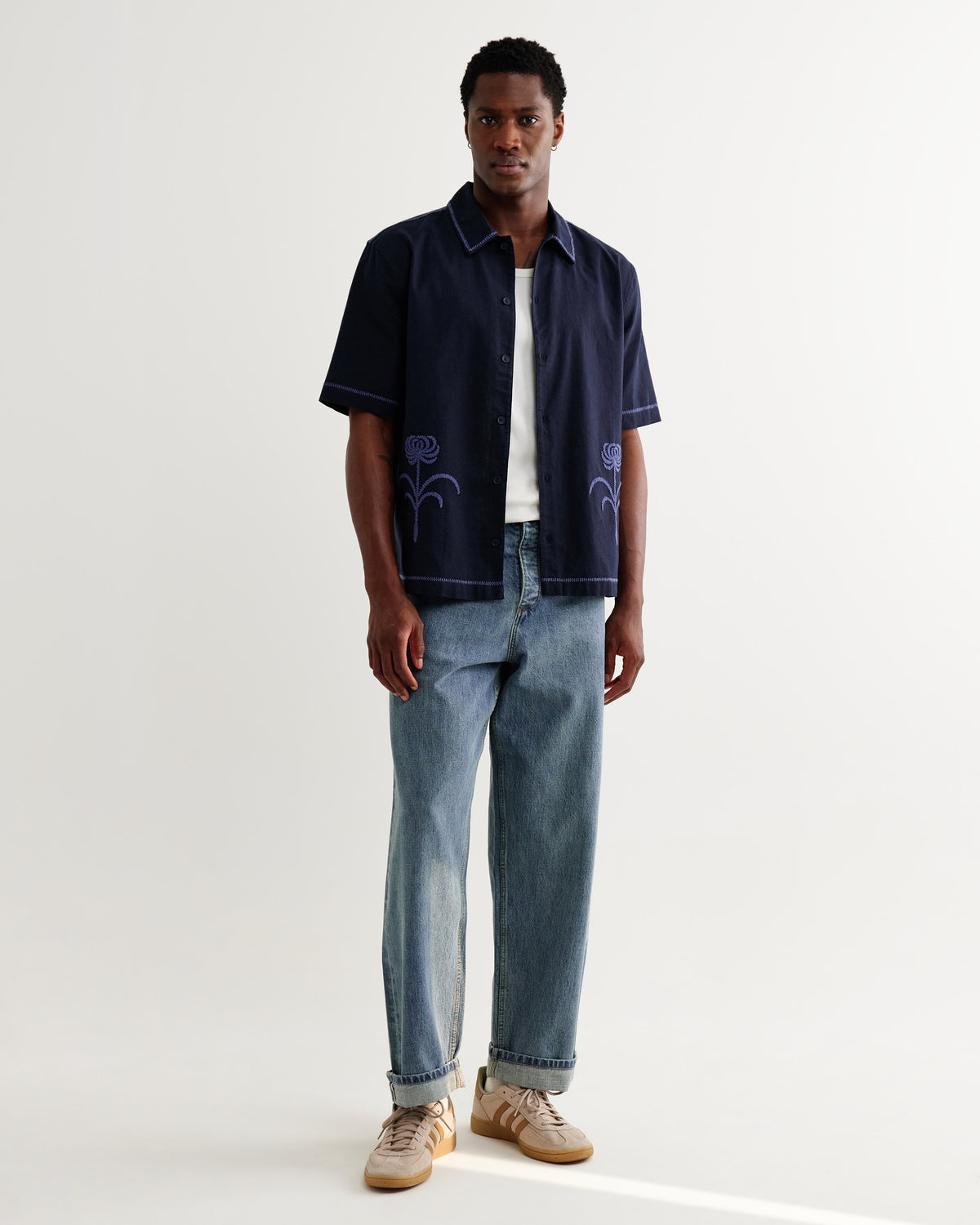 Keats Embroidered Short-Sleeve Shirt - Navy / Blue