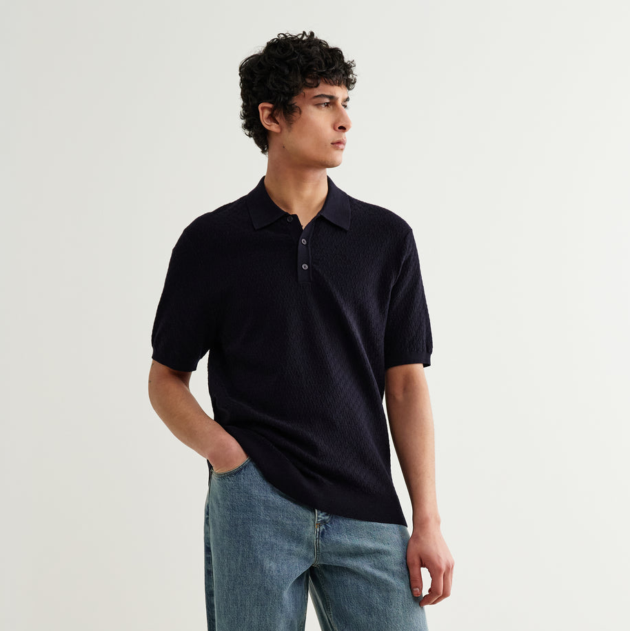 Naples Retro Diamond Knitted Polo - Navy