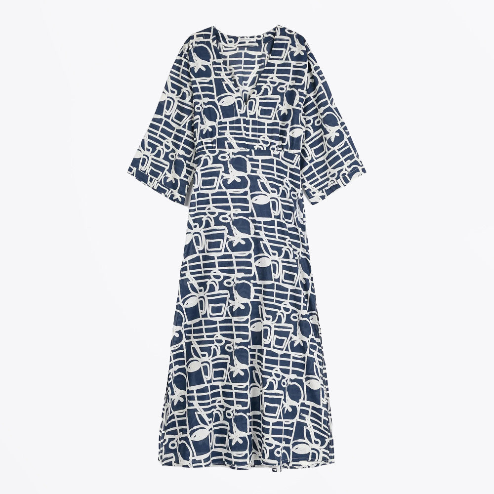 Bobo Cookery Festival Pattern V‑Neck Dress - Navy