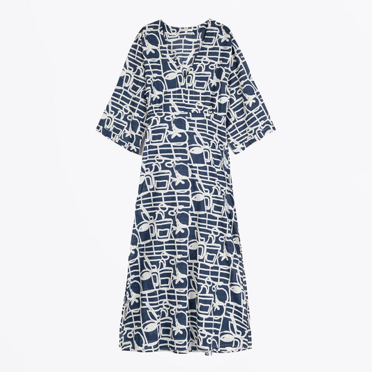 Cookery Festival Pattern V‑Neck Dress - Navy