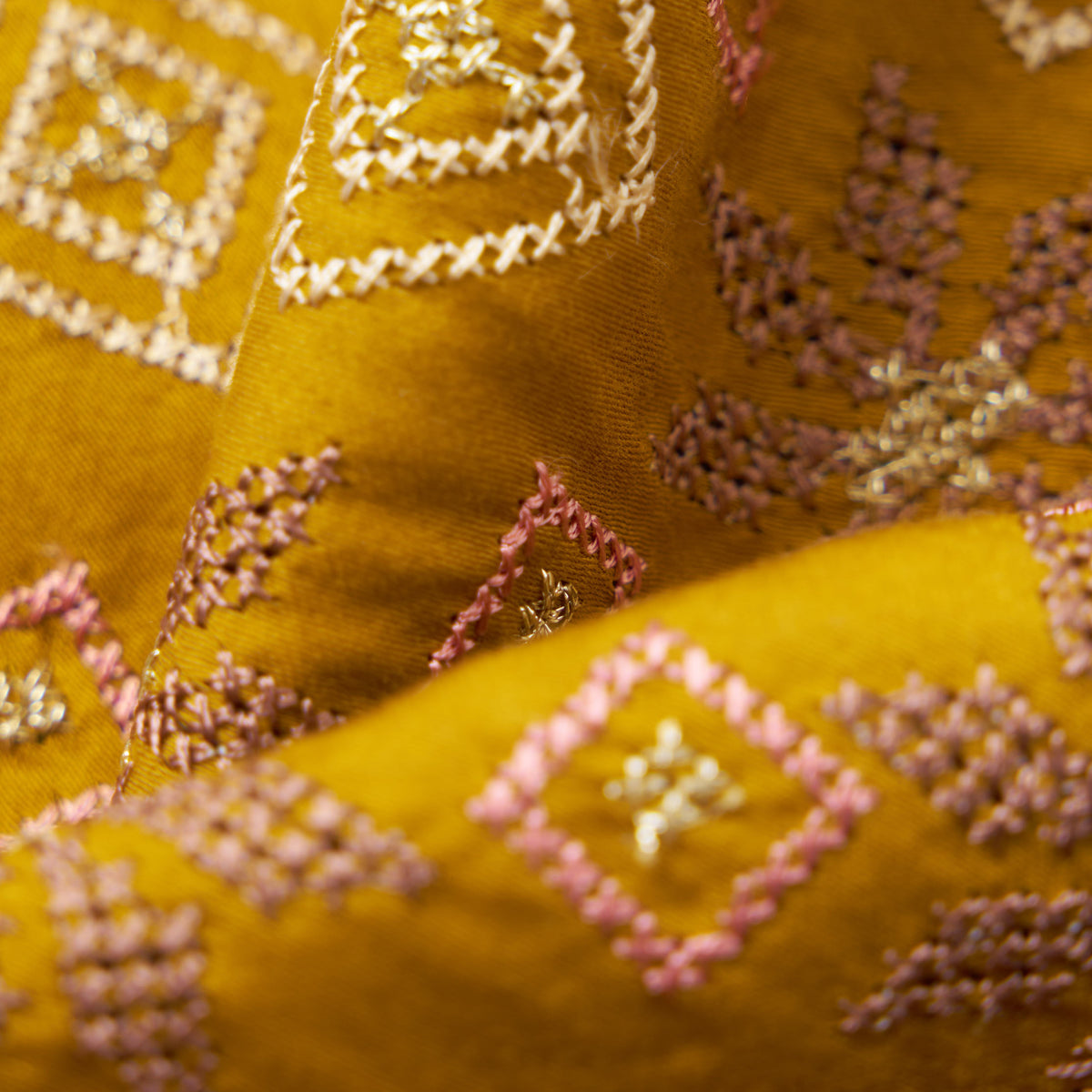 Embroidery Cotton Satin Scarf - Mustard