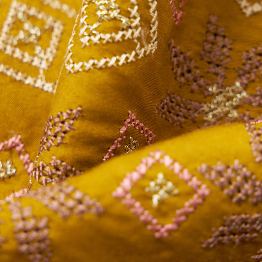 Embroidery Cotton Satin Scarf - Mustard