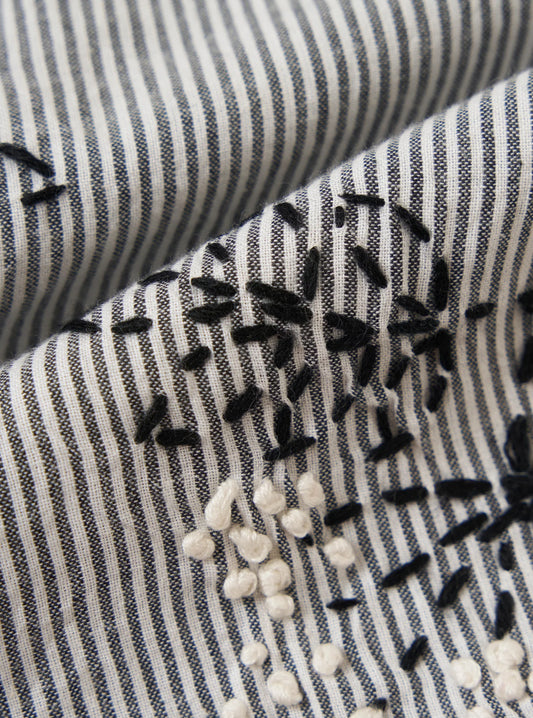 Hand Embroidered Stripe Cotton Road Shirt - Grey