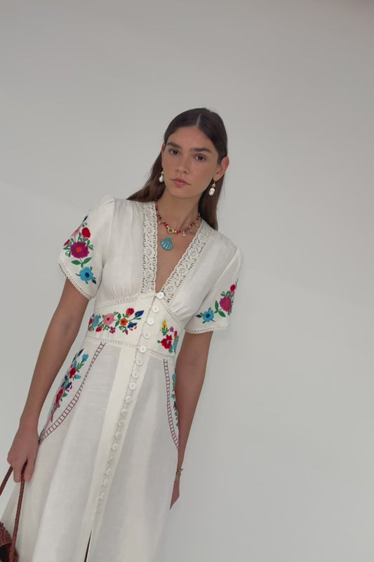 Novara Dress - Anemone Embroidery Cream