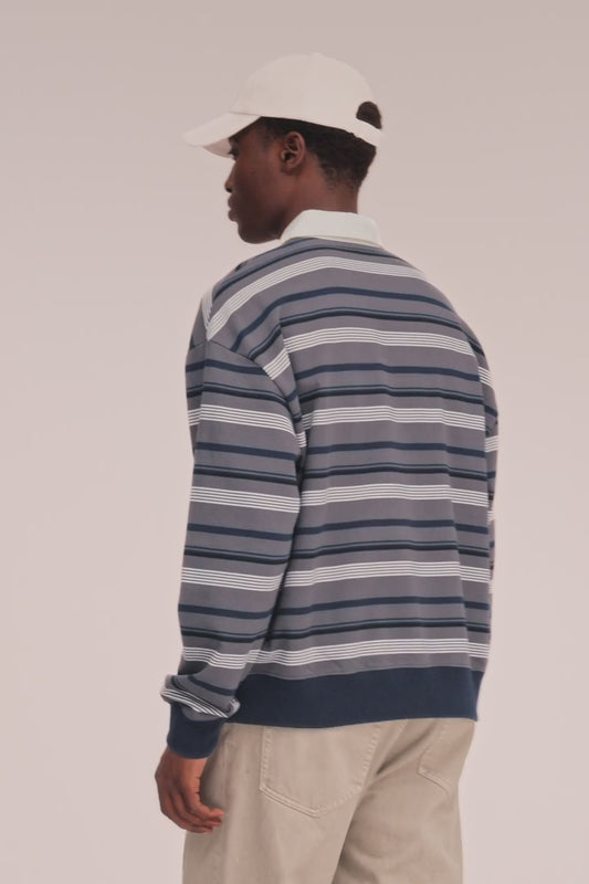 David Relaxed Fit Fleece Polo - Grey Stripe