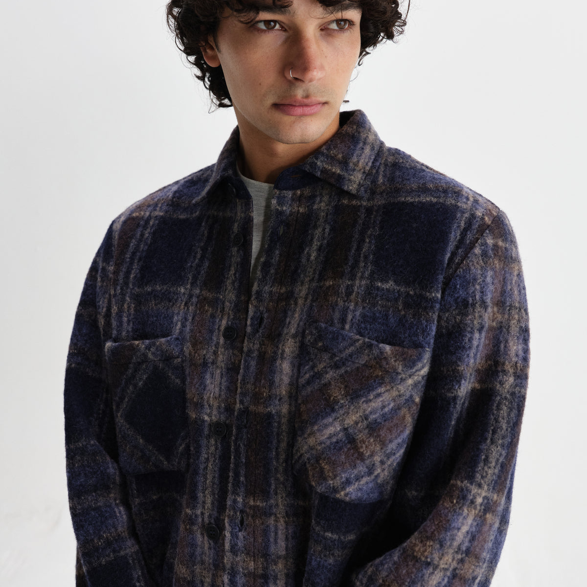 Whiting Overshirt Wool Blend Check - Navy